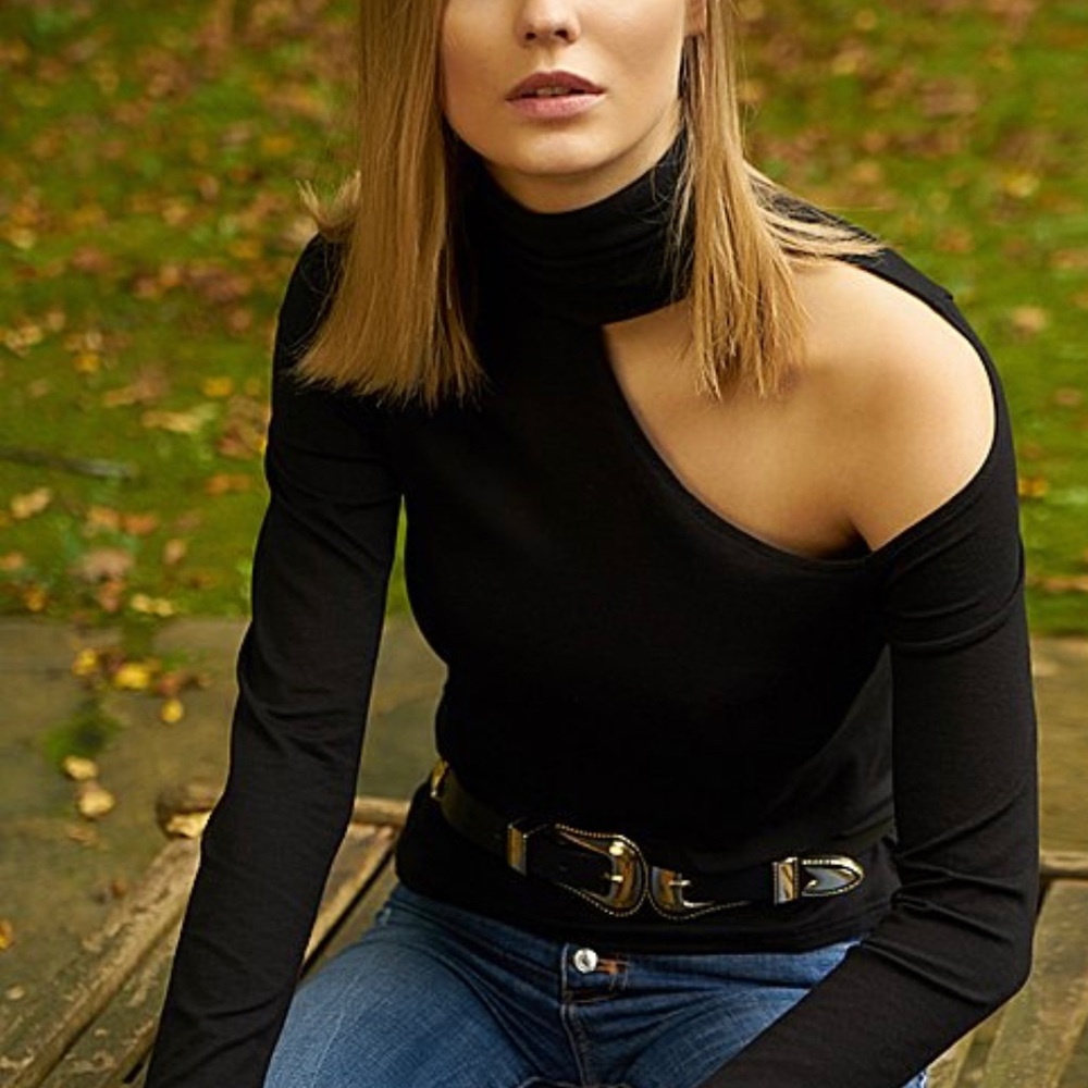 Black Asymmetrical Cut Out Mock Neck Top sz S